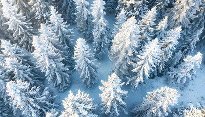 Aerial View of a Snow-Covered Winter Forest with Pine Trees. Concept of Winter Wonderland, Nature s Beauty, Serene Landscapes