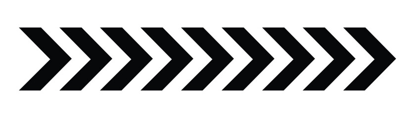 Black arrow in a row. Black vector chevron arrows pointing right. Geometric abstract black background isolated on white. Road signpost symbol. Vector illustration.