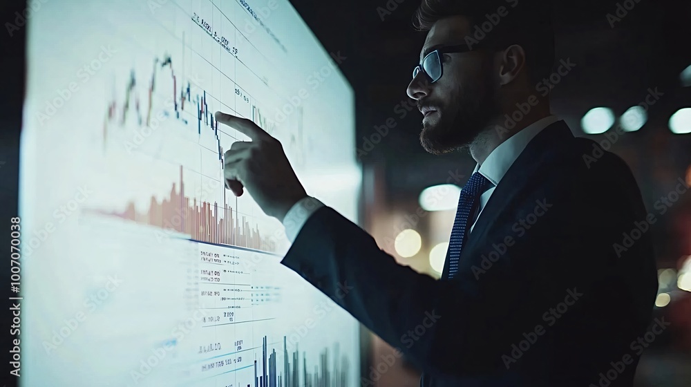 Poster businessman in a suit is pointing at charts on an interactive whiteboard in an office at night, anal