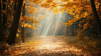 A serene forest path blanketed in golden leaves, with soft sunlight streaming through the trees, creating a peaceful and picturesque autumn scene that evokes a sense of tranquility and natural beauty