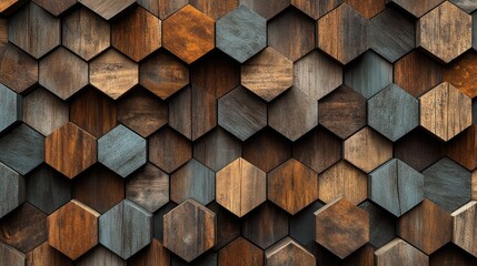 Modern Wood Wall Decor with Premium Hexagonal Tile Wallpaper and 3D Geometric Blocks