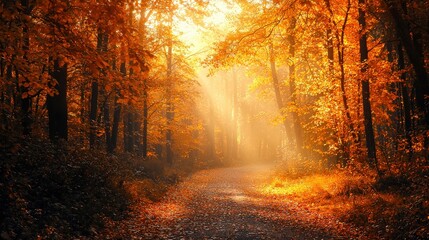 Obraz premium A serene forest path blanketed in golden leaves, with soft sunlight streaming through the trees, creating a peaceful and picturesque autumn scene that evokes a sense of tranquility and natural beauty