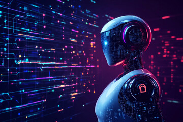 A sleek, futuristic robot stands in front of a digital display showcasing data analytics and SEO strategies. The robot is analyzing trends and technology, symbolizing the integration of AI