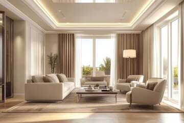 Fototapeta premium Cozy Minimalist Living Room Interior Design with Beige Furniture and Bright Walls