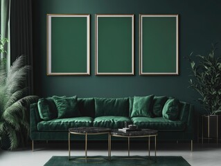 Luxury Living: Green Sofa and Frames, Modern Table Decor in Dark Living Room