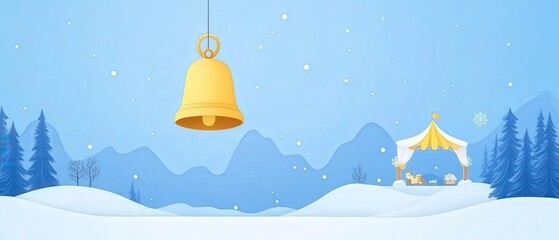 A bell is hanging from a tree in a snowy landscape