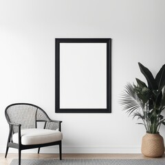 A minimalist interior scene featuring a chair, a blank frame, and a potted plant.
