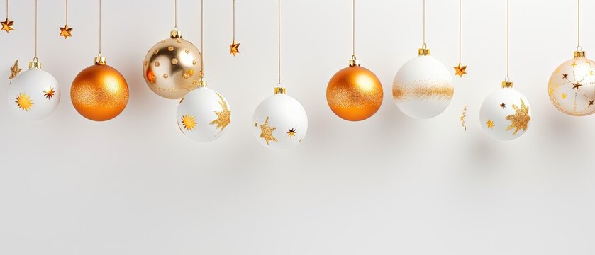 A minimalist white background with hang white and gold christmas decorations 