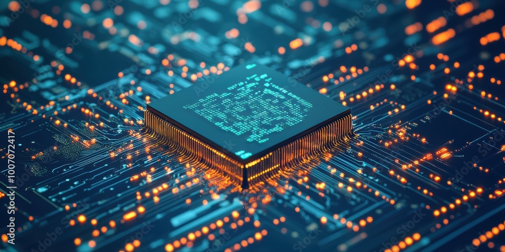 Poster futuristic digital abstract 3d background with glowing circuit board and microchip for technology an
