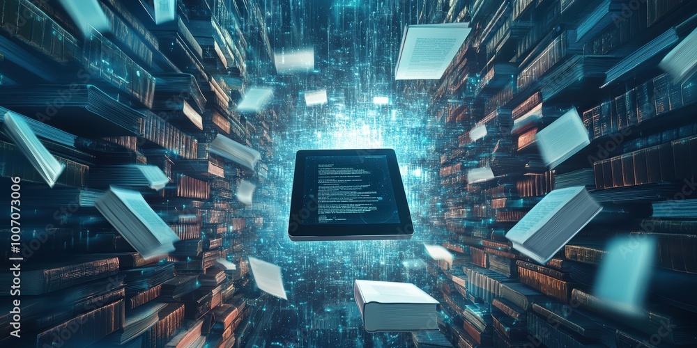 Poster modern digital abstract 3d background with floating books and tablet in a futuristic library setting