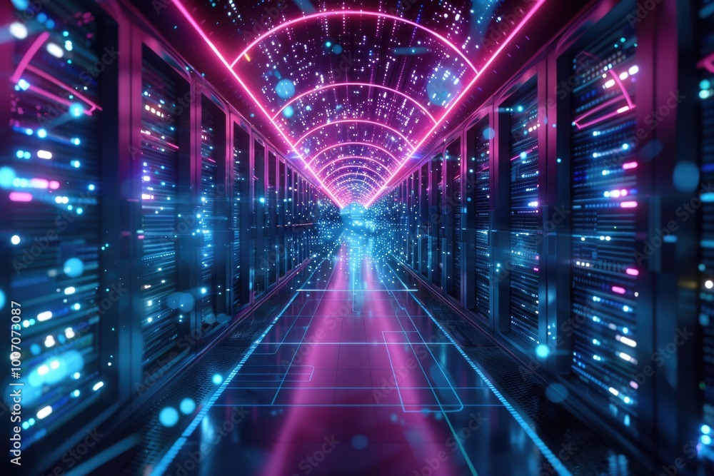 Poster a long hallway filled with rows of servers and neon lights in a data center