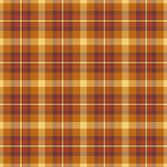 Packaging check seamless tartan, fall fabric background texture. Sensual vector plaid textile pattern in orange and red colors.