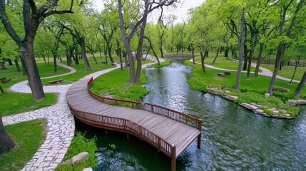 Serene Park with Wooden Bridge and Flowing Stream