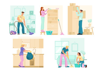 People Do Cleanup at Home Housekeeping Vector Set