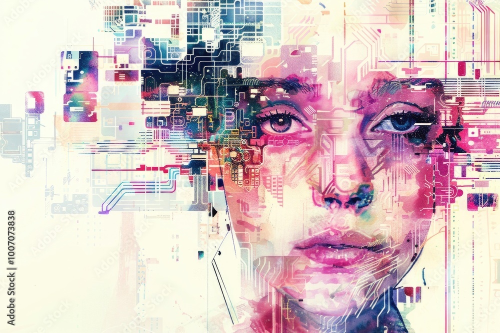 Poster a close-up shot of a woman's face with a circuit board visible in the background, suitable for use i