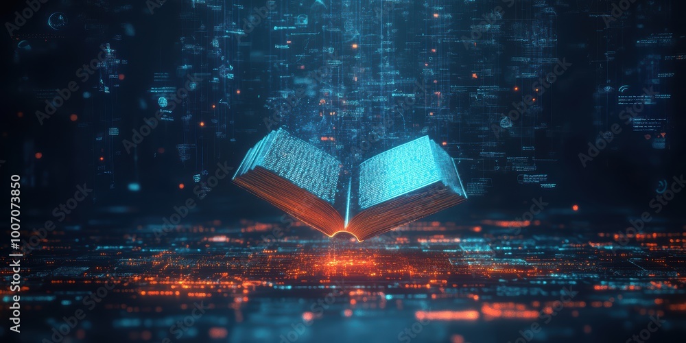 Poster futuristic digital abstract 3d background with floating book and glowing data elements
