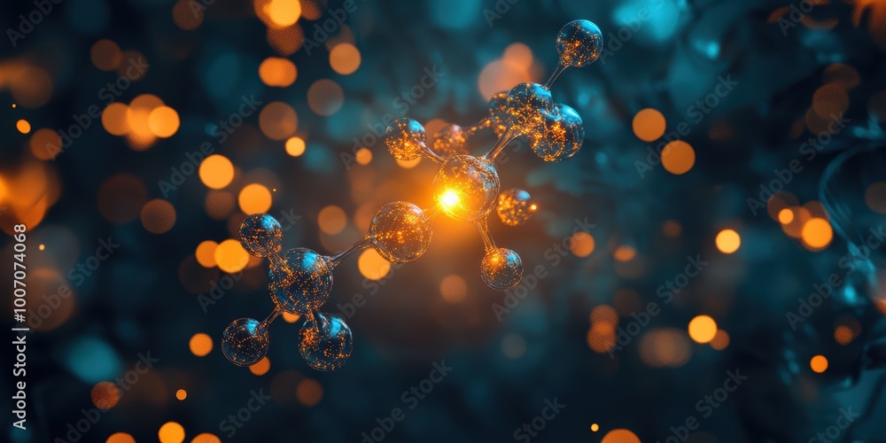 Poster modern digital abstract 3d background with glowing spheres and bokeh effect in blue and orange tones