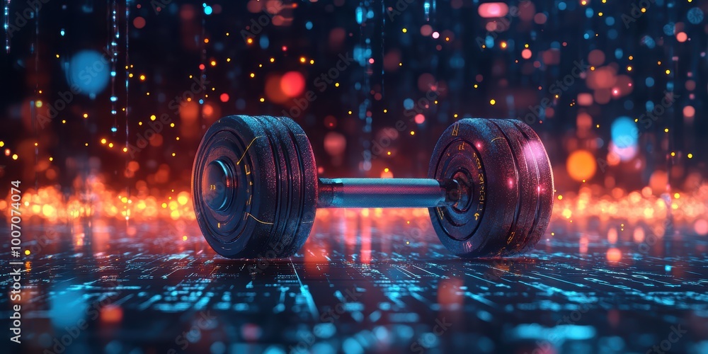 Aufkleber futuristic digital abstract 3d background with neon lights and dumbbell on a tech-inspired surface