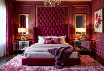 Fototapeta premium Luxurious bedroom interior design with velvet bed gold accents and pink rug