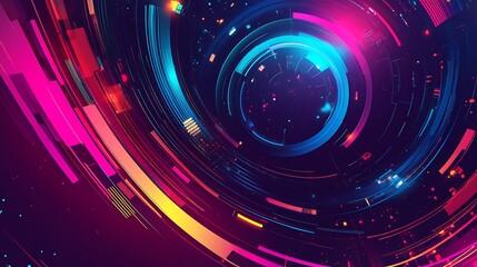 Abstract digital background with glowing circles and geometric shapes in vibrant colors.