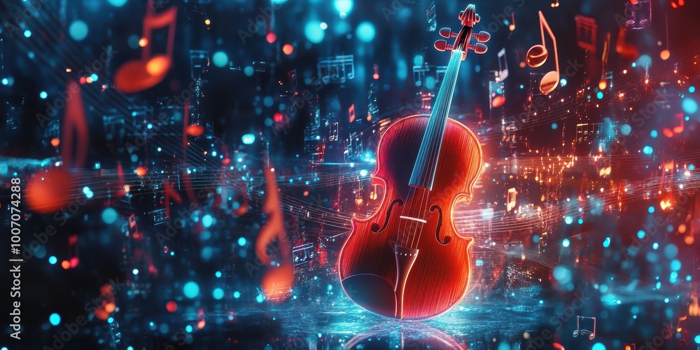 Poster vibrant modern digital abstract 3d background with musical elements and dynamic light effects