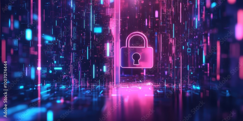 Poster futuristic digital abstract 3d background with neon lights and cybersecurity lock symbol