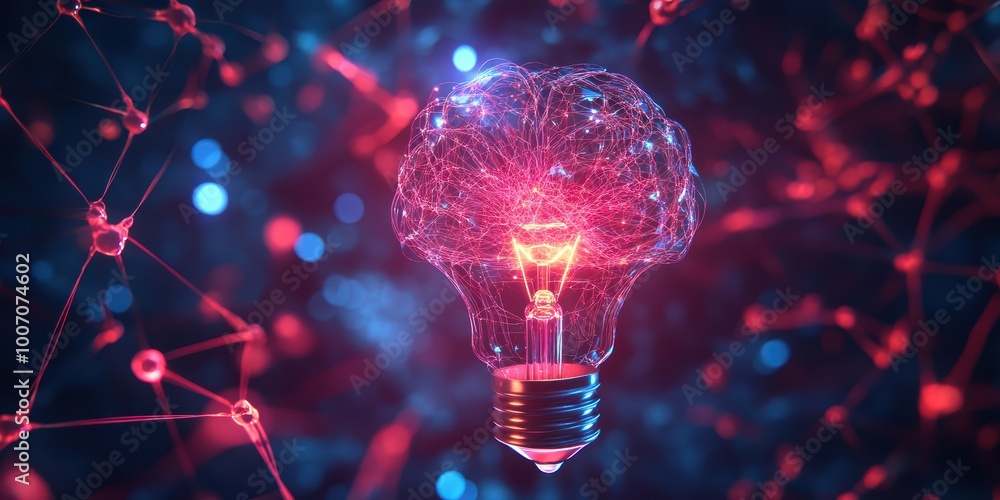 Poster modern digital abstract 3d background with futuristic neural network and glowing light bulb concept