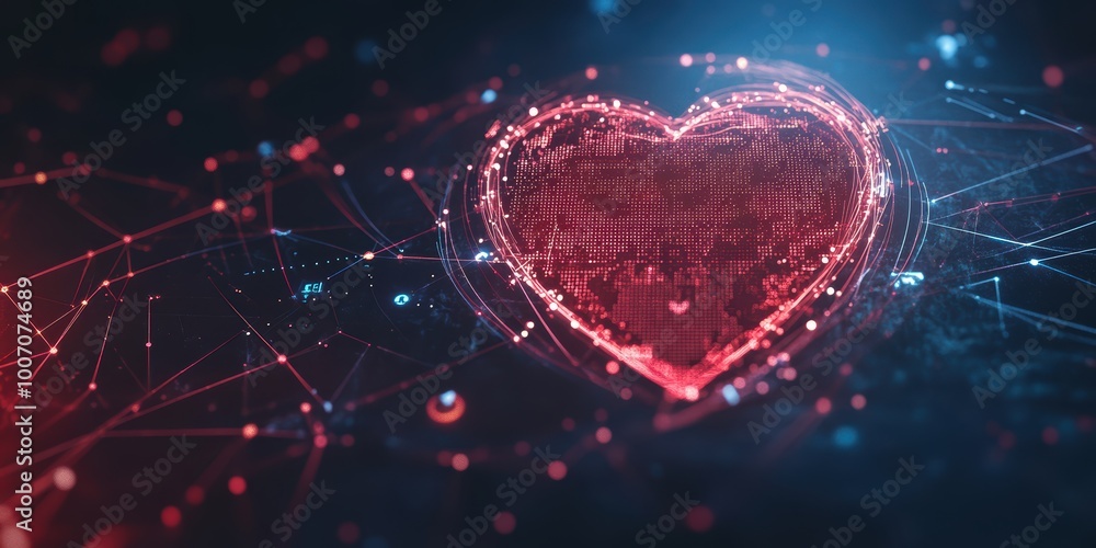 Poster futuristic digital heart in abstract 3d space with modern technology elements and glowing network co