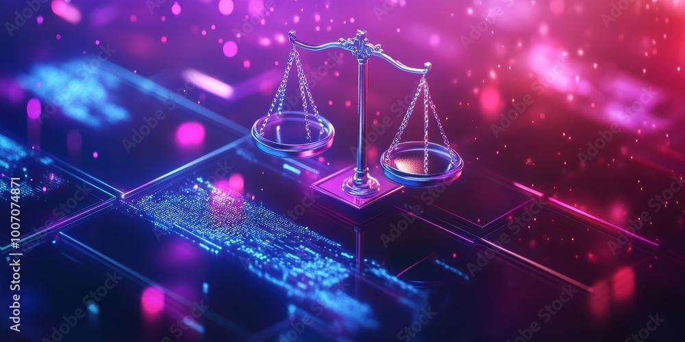 Poster futuristic digital abstract 3d background with scales of justice in neon colors and glowing data ele