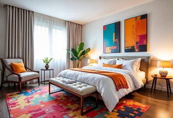 Modern Bedroom Interior Design With Artwork Colorful Rug And Cozy Ambiance