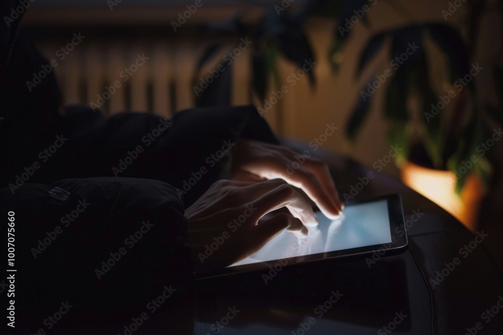 Poster a person is using a tablet in a dimly lit environment, perfect for finding creative ways to use digi