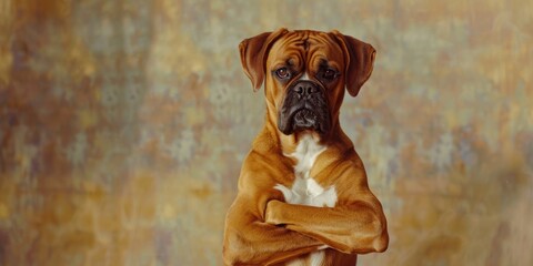 A box-shaped dog stands confidently with its arms crossed, looking adorable and alert