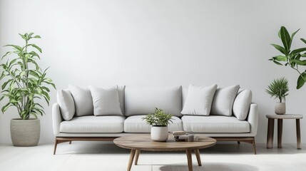 Cosy Minimalist Living Room Design with Green Plant and Contemporary Furniture on White Wall Background