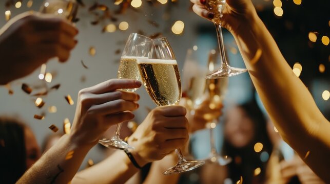 Close up of group of people hands cheering for New Year with champagne toasts in a lively party atmosphere