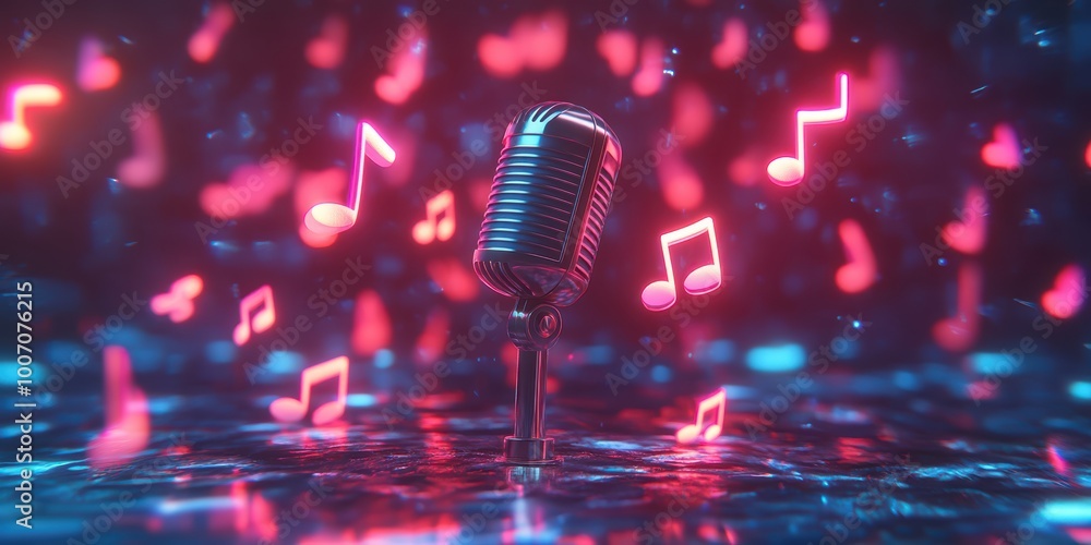 Poster vibrant modern digital abstract 3d background with neon music notes and retro microphone in futurist