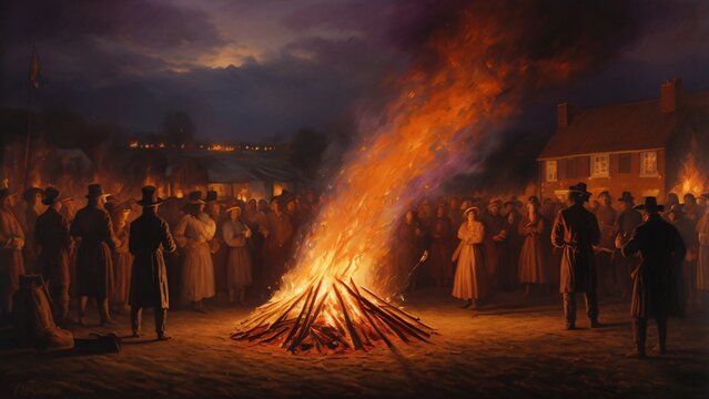 Guy Fawkes Day bonfire, with the flames dancing and casting a warm glow on the faces of the onlookers. The sky is filled with vibrant colors of orange, red, and purple