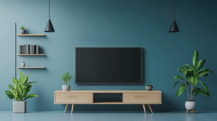 Minimalistic Industrial Living Room Interior with TV and Cabinet on Blue Wall Background