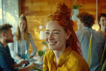 Obraz premium Portrait of a happy woman with bright red hair, smiling directly at the camera