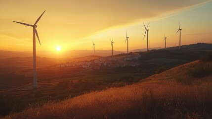 Obraz premium Wind turbines in a rural landscape during sunset near a small village, showcasing renewable energy and sustainable living