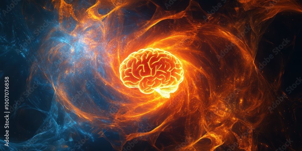 Poster vibrant modern digital abstract 3d background with fiery brain and dynamic energy swirls in blue and