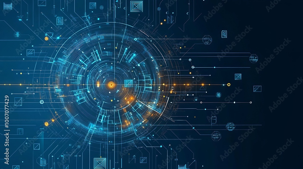 Poster Abstract digital background with glowing lines and icons.