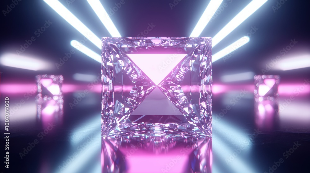 Poster abstract light and prism cube display with neon glow