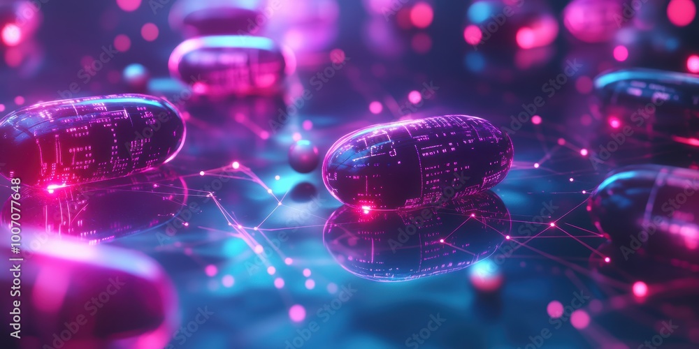 Poster modern digital abstract 3d background with floating neon medical scanners and interconnected data po