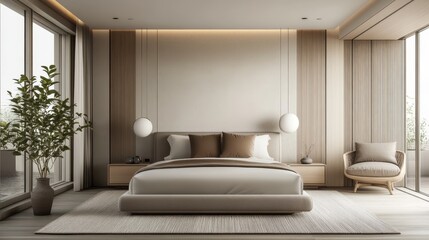 Fototapeta premium Modern minimalist bedroom with neutral tones, clean lines, and minimal decor