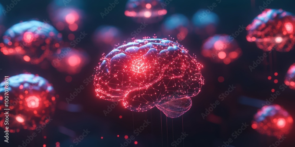Aufkleber futuristic digital abstract 3d background with glowing neural network brain in vibrant colors