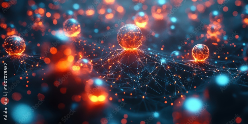 Poster modern digital abstract 3d background with glowing spheres and network connections in a futuristic s