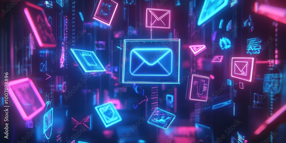 Poster futuristic digital abstract 3d background with neon elements and floating icons in a modern cyber en