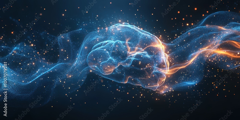 Poster stunning modern digital abstract 3d background with dynamic flowing shapes and glowing particles