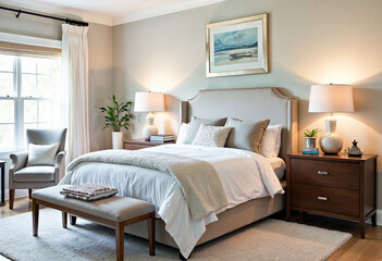 Fototapeta premium Luxury master bedroom interior design with large window and white bedding armchair and decor