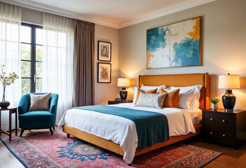 Luxury bedroom interior design with orange bed blue armchair and patterned rug